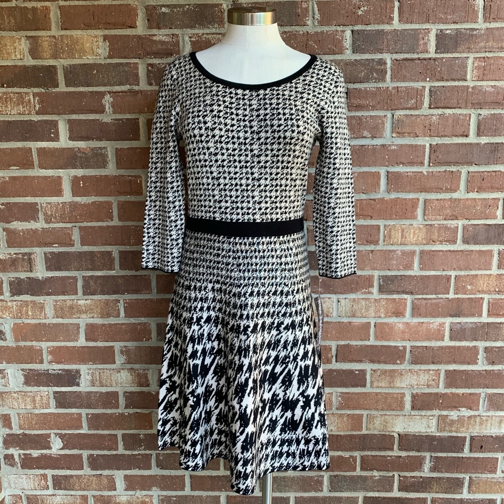 Nina Leonard Black & Cream Fit & Flare Dress Small